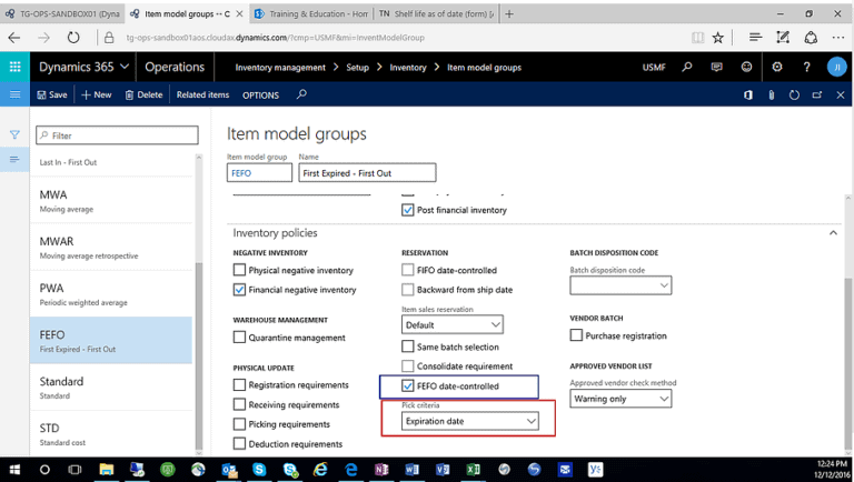 setting up FEFO control in Dynamics 365 for Operations
