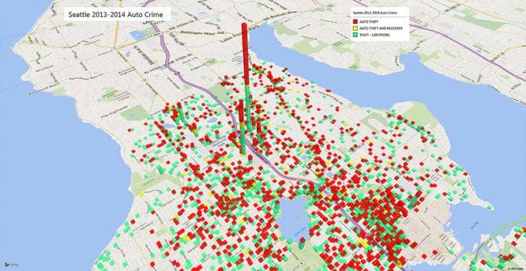 Auto crime by street location power bi map