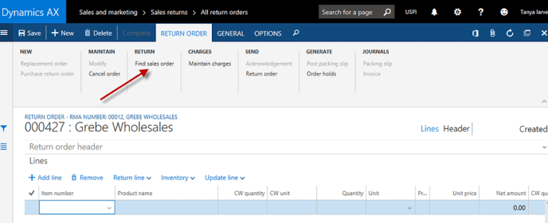 creating return order dynamics 365 for operations