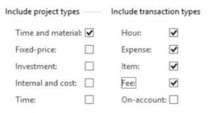 dynamics ax select project types and transaction types to include