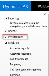 Navigation Pane Workspaces Dynamics 365 for Operations