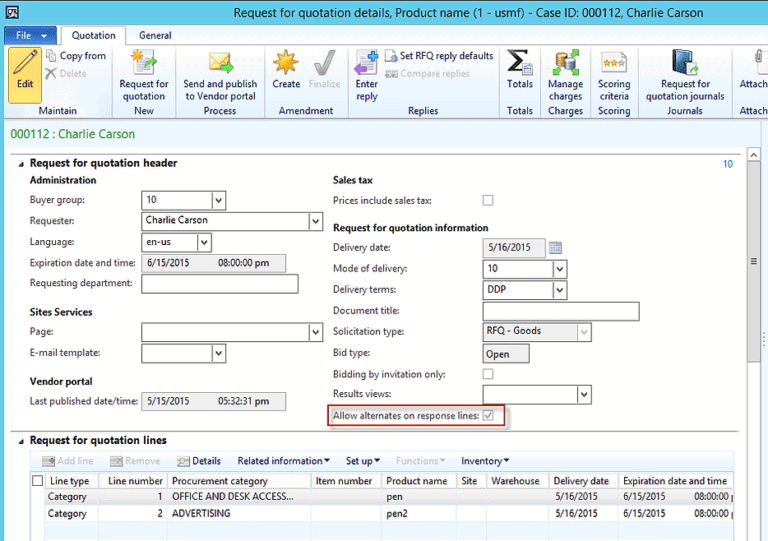 Request for quotation details dynamics ax