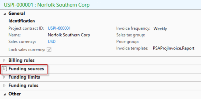 Project Contract Funding sources dynamics ax