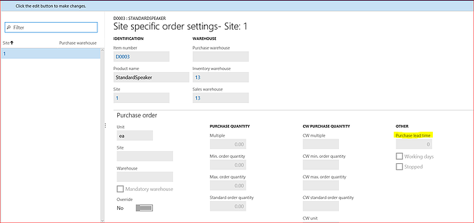 site specific order settings dynamics ax