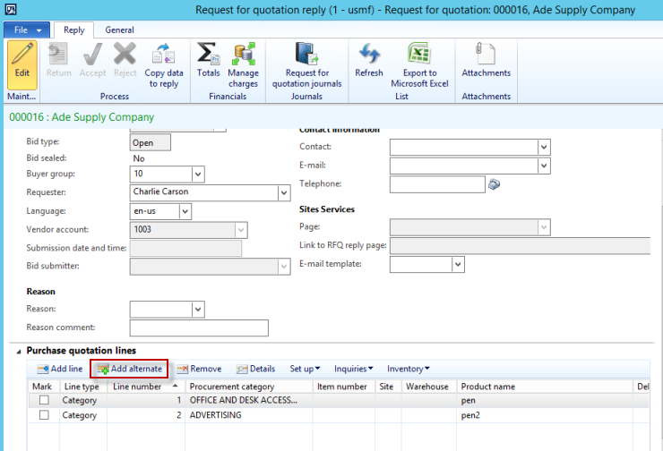 creating alternative lines in an RFQ reply dynamics ax