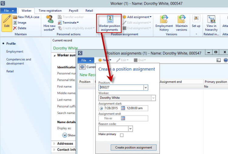 worker position assignments dynamics ax