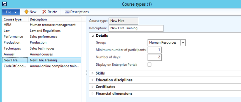 select a course type dynamics ax