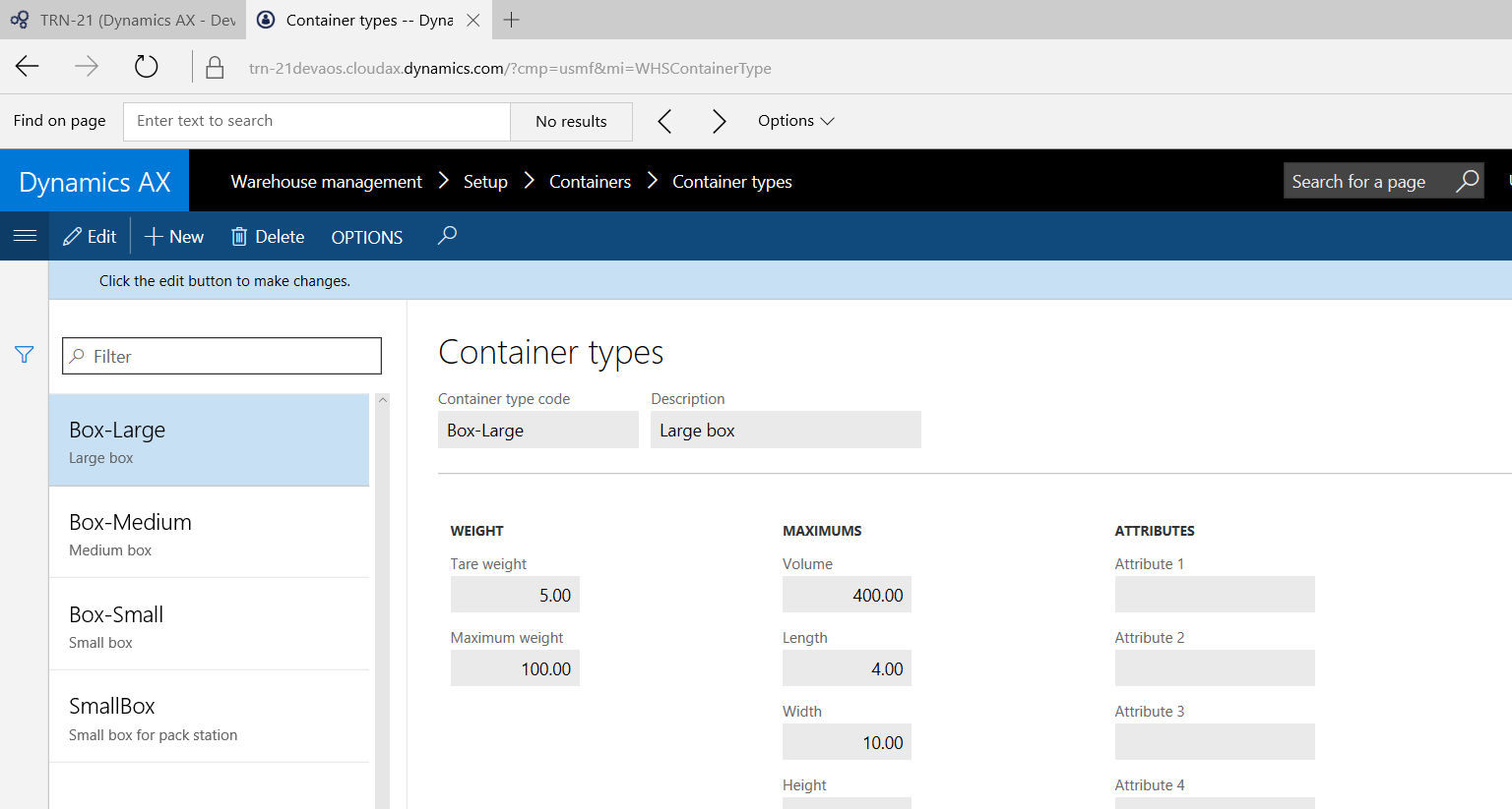 Container Types warehouse dynamics 365