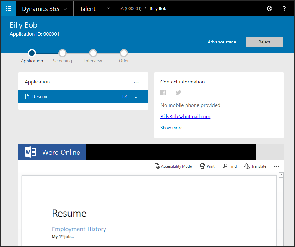 Application Dynamics 365 for Talent