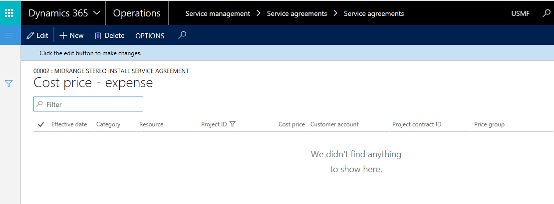 Dynamics 365 for Finance and Operations Cost Price for Specific Service Agreement