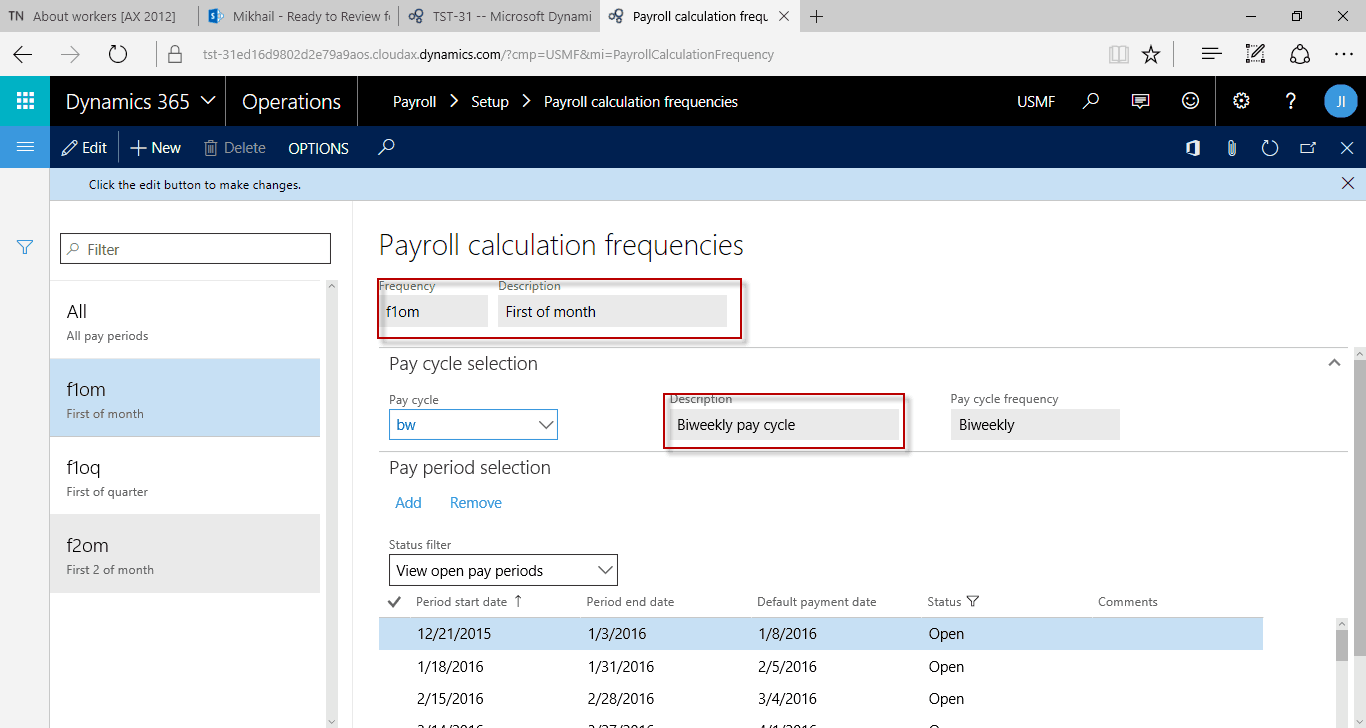 Payroll calculation frequencies in dynamics 365