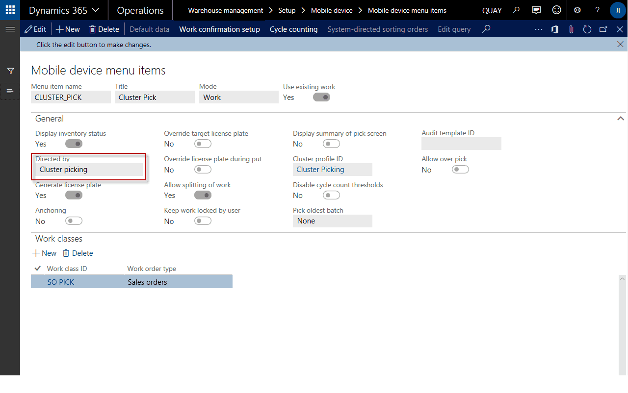 mobile device menu items dynamics 365