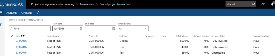 posted project transactions invoice status dynamics 365