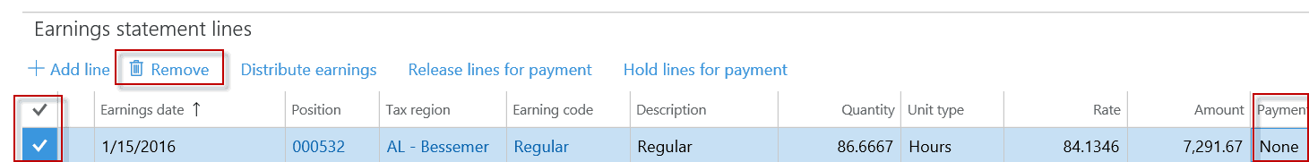 Earning Statement lines dynamics 365
