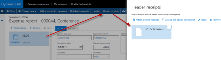 New expense report header receipts d365