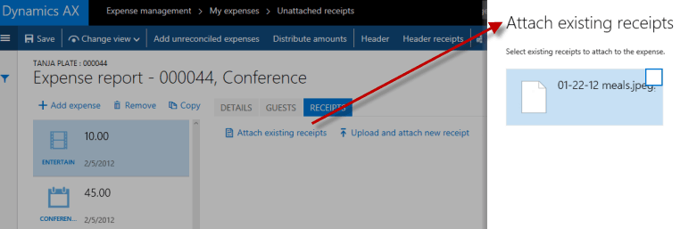 attach existing receipts from expense report line level