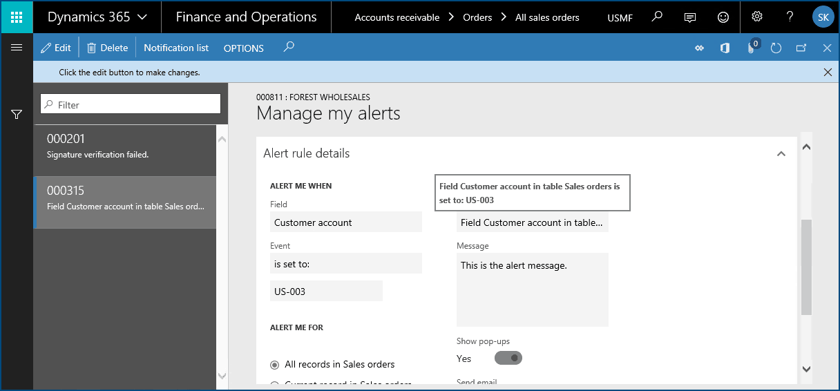 manage my alerts in dynamics 365