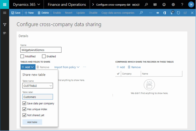 configure cross-company data sharing