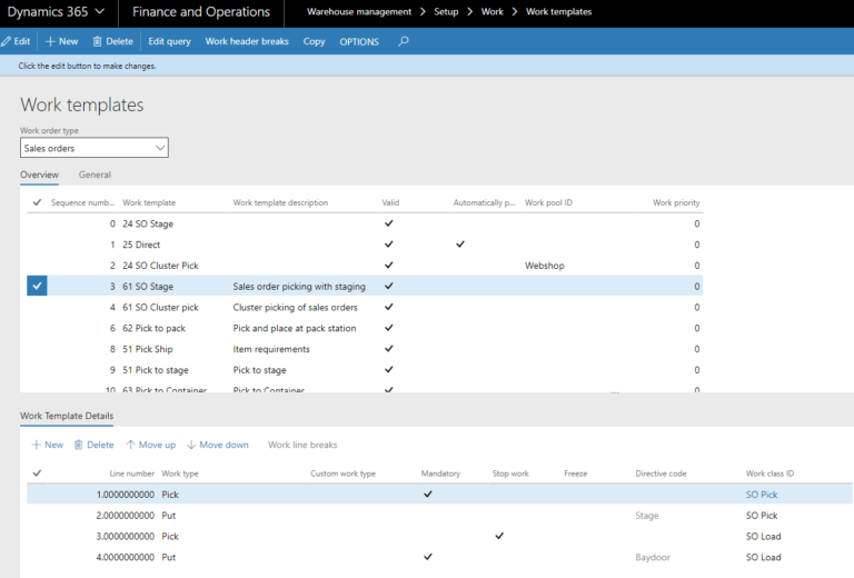 work templates warehouse management d365