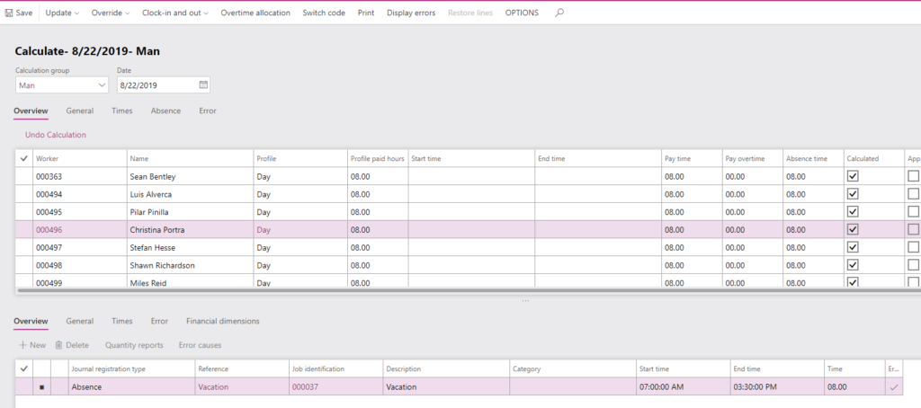 dynamics 365 calculate time and attendance registrations