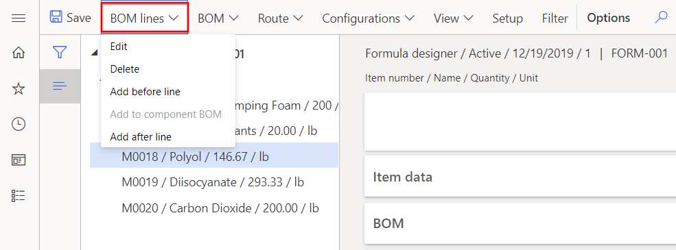 BOM lines formula designer