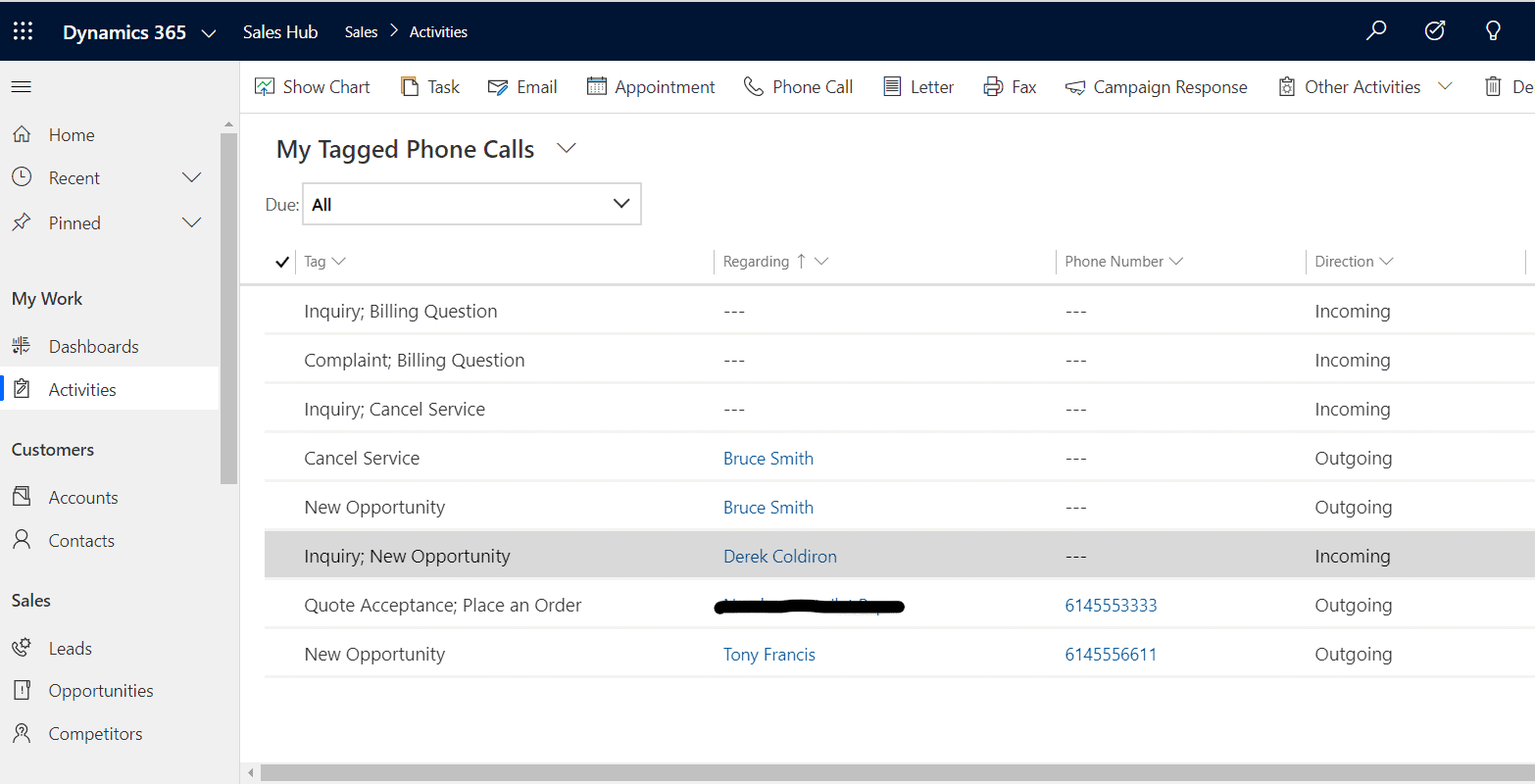  tagged phone calls in dynamics 365