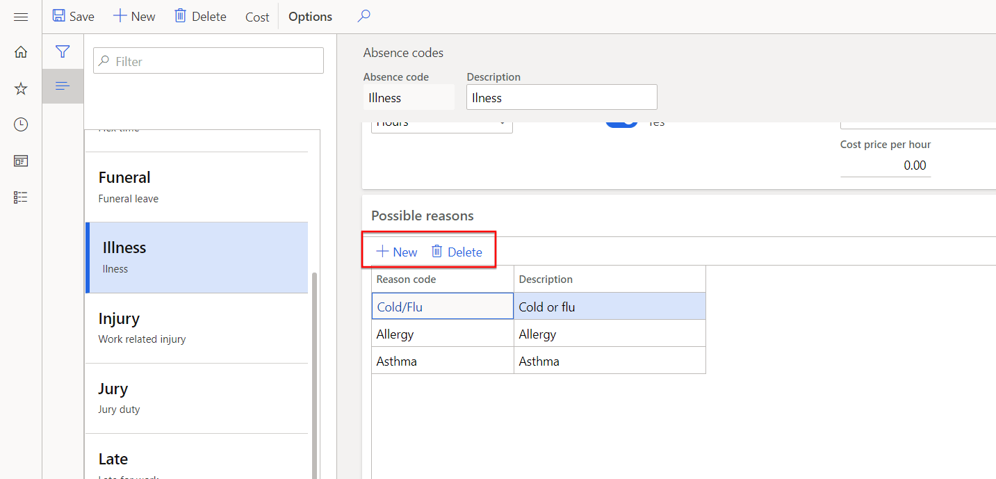 add possible reasons to absence code dynamics 365