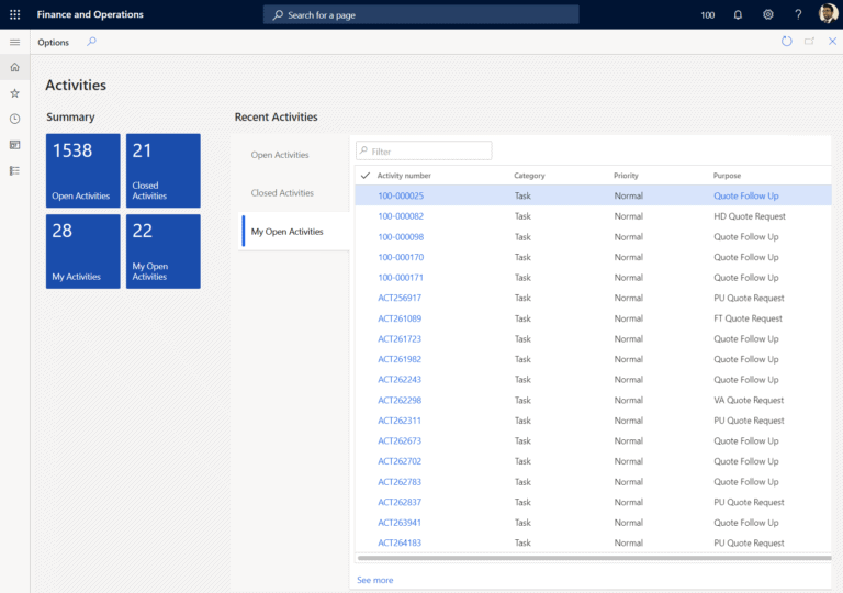 recent activities dynamics 365