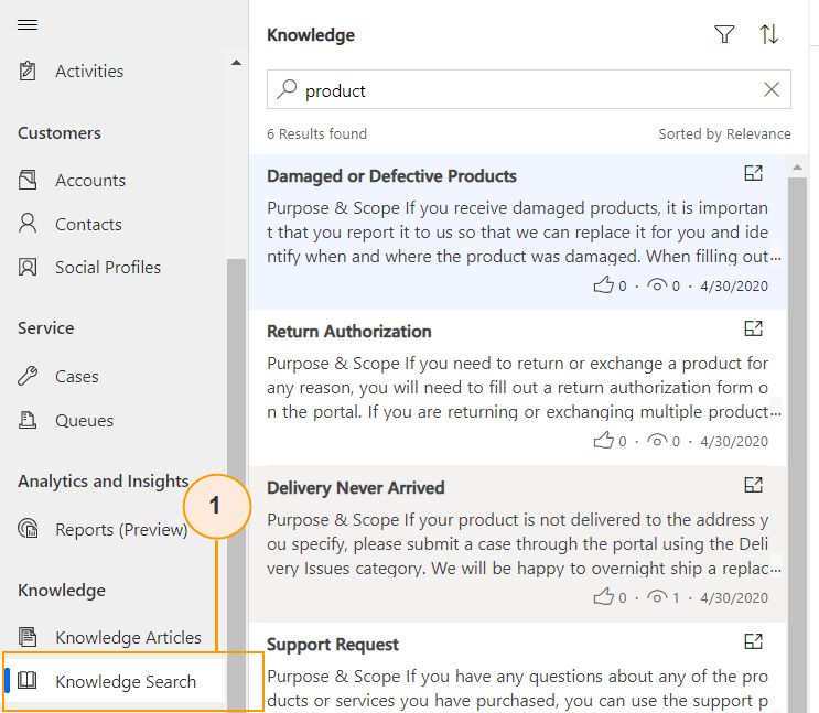 knowledge search dynamics 365 customer service