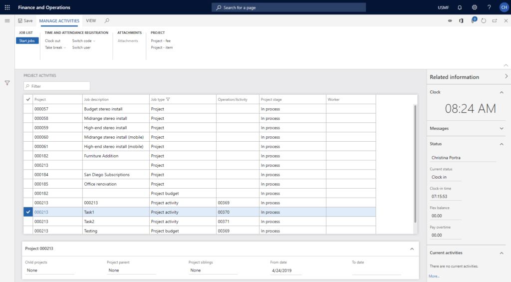 project activities dynamics 365 punch clock