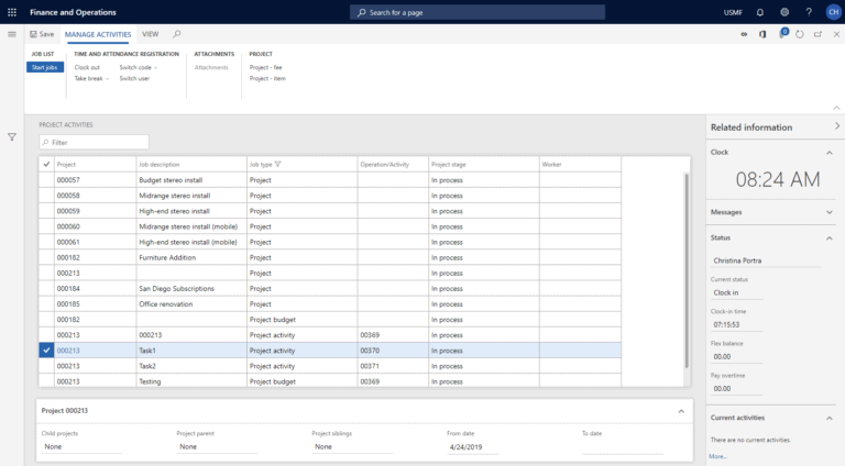 project activities dynamics 365 punch clock