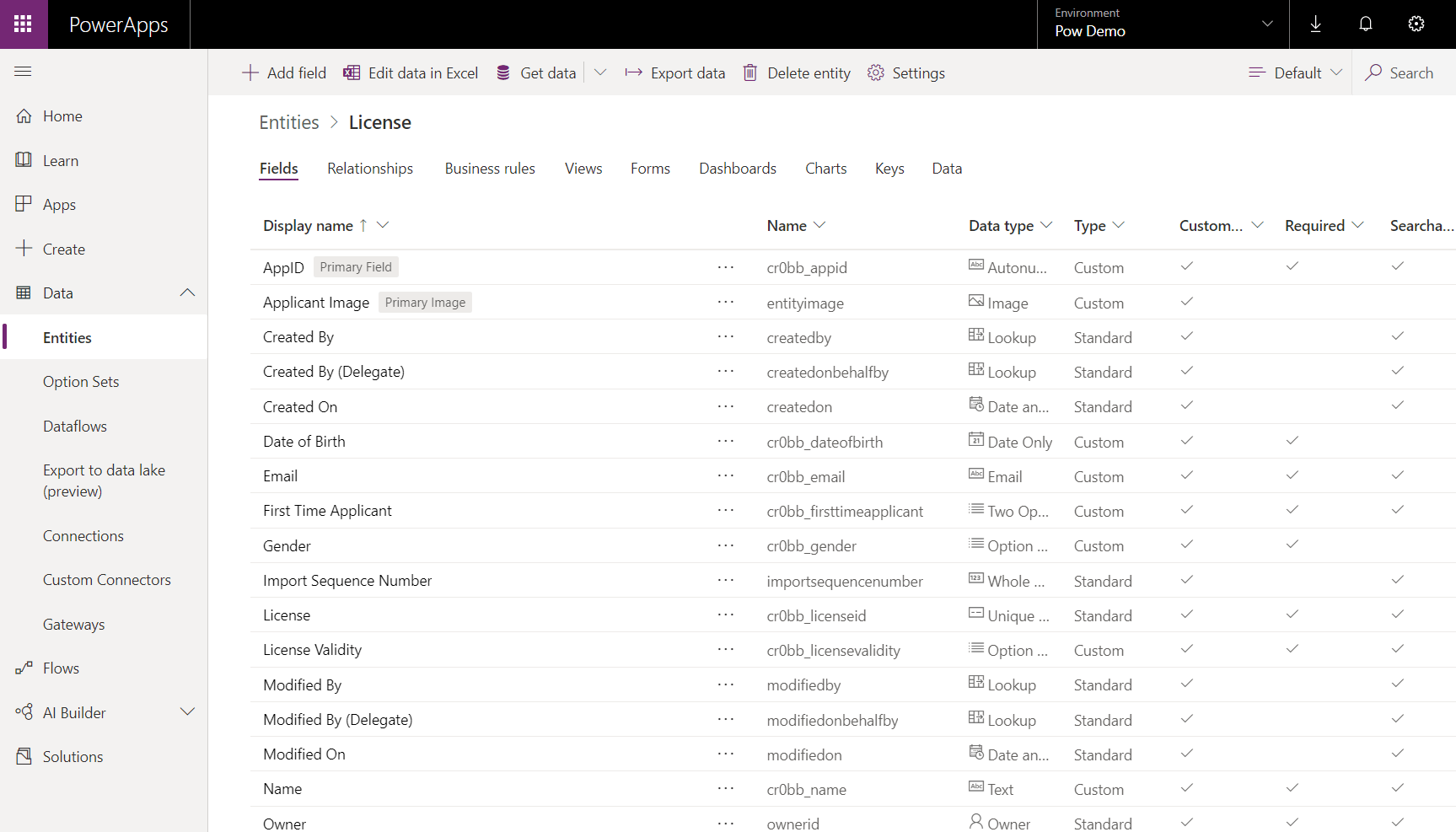 powerapps data entities
