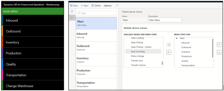 edit menus warehouse management mobile dynamics 365