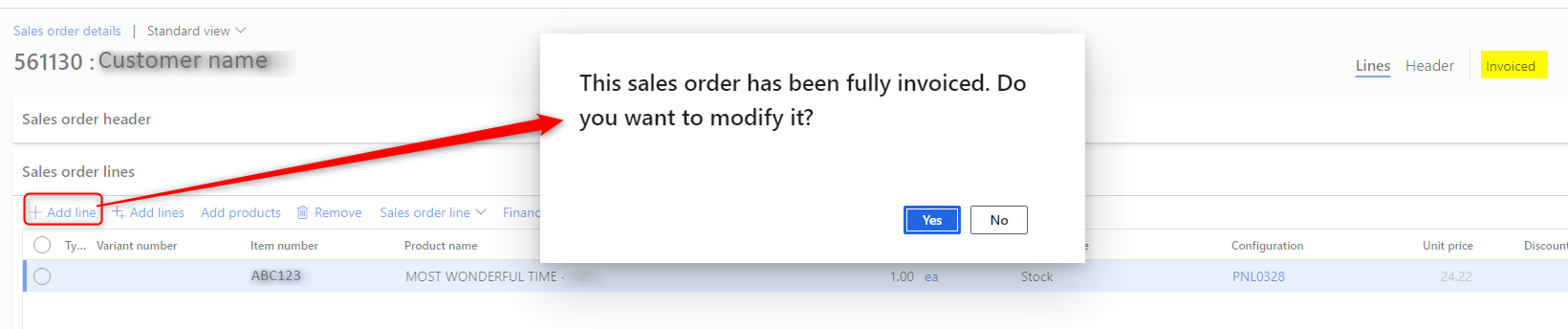 fully invoiced sales order warning